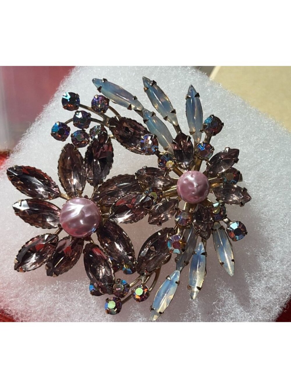 Large Vintage Mid-Century Floral Brooch W/ Smokey Purple Navette Rhinestones